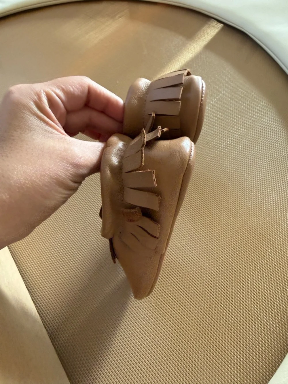 The Simple Folk Classic Tan Fringe Baby Moccasins - Soft Slip-On Toddler Shoes